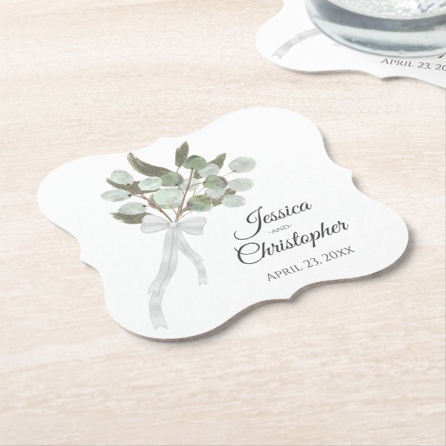Dessous-de-verre En Papier Elégant Mariage d'aquarelle Eucalyptus Bouquet Boh (Incliné)