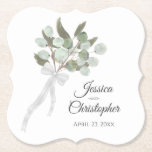 Dessous-de-verre En Papier Elégant Mariage d'aquarelle Eucalyptus Bouquet Boh<br><div class="desc">Ces beaux dessous de verre en papier présentent une belle aquarelle peinte à la main avec un élégant bouquet de feuilles d'eucalyptus et de feuillage dans les tons de sauge, de mousse et de vert menthe attachés avec un ruban satin blanc et l'arc. Le design boho chic rustique simple comprend...</div>
