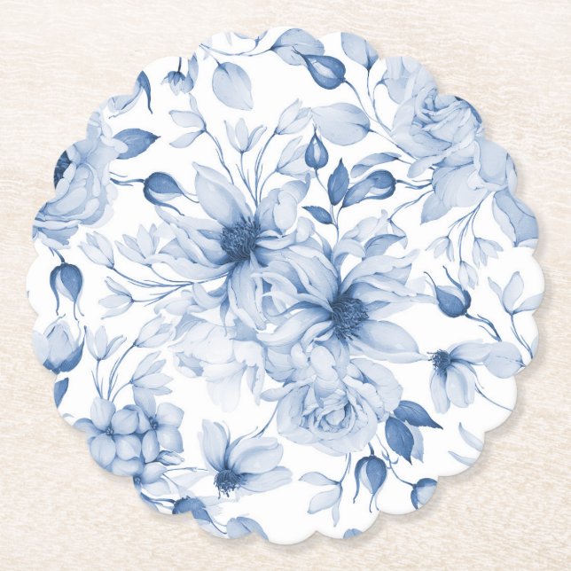 Dessous-de-verre En Papier Élégant Mariage Floral Bleu (Devant)