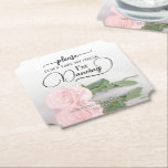 Dessous-de-verre En Papier Élégant Rose ne prenez pas mon Mariage de boisson<br><div class="desc">Ce dessous de verre mariage est élégant, élégant et amusant ! Il est orné d'une photo d'un seul rose rose pâle à long tige, allongé sur son côté, miroir dans un bassin d'eau. Le texte dit : "S'il vous plaît ne prenez pas mon verre, je danse" écrit dans des lettres...</div>