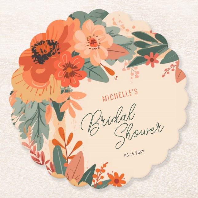 Dessous-de-verre En Papier Élégant Shower Floral Terracotta pour la Mariée (Devant)