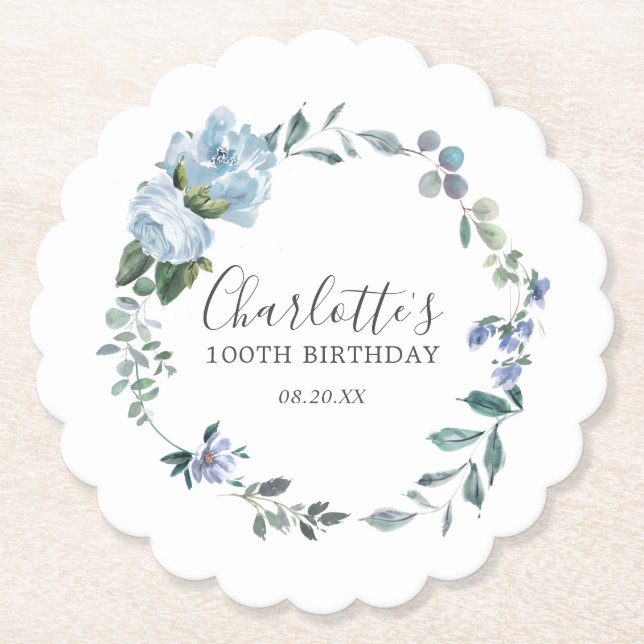 Dessous-de-verre En Papier Elégante Dusty Blue Floral 100e Anniversaire Perso (Devant)