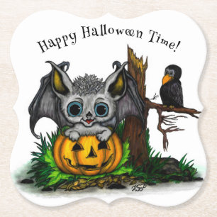Dessous-de-verre En Papier En attente d'Halloween, Bat mignonne et Corbeau