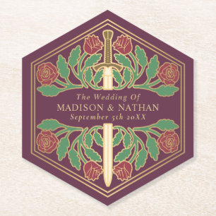 Dessous-de-verre En Papier Épée de mariage florale médiévale royale mauve or