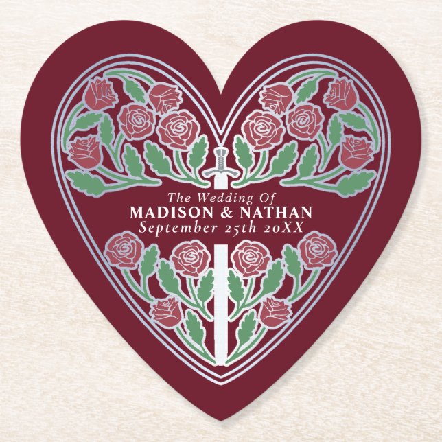 Dessous-de-verre En Papier Épée florale médiévale royale rouge argentée de ma (Devant)