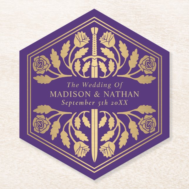 Dessous-de-verre En Papier Épée médiévale royale violette dorée pour mariage (Devant)