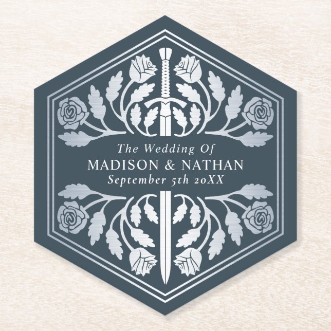 Dessous-de-verre En Papier Épée Royale Médiévale Grise Argent Mariage (Devant)