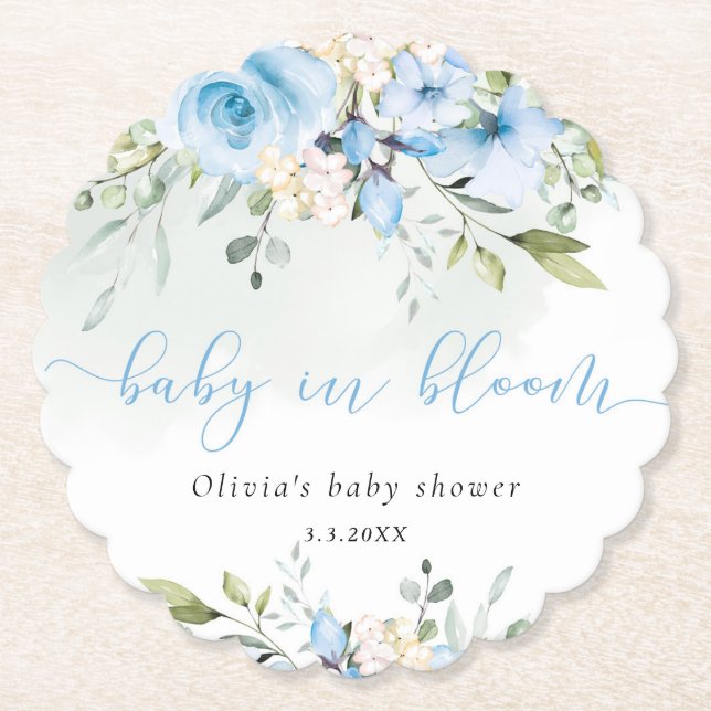 Dessous-de-verre En Papier Eucalyptus bleu fleuri bébé dans baby shower fleur (Devant)