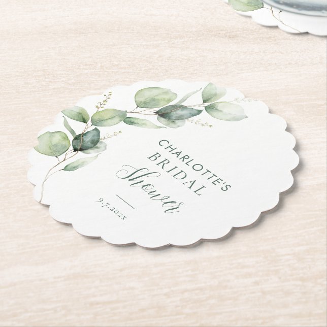 Dessous-de-verre En Papier Eucalyptus Greenery Script Fête de Mariage (Incliné)