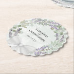 Dessous-de-verre En Papier Eucalyptus & Lavender Wreath Elegant Wedding<br><div class="desc">These beautiful paper coasters will add a special touch to your wedding reception, rehearsal dinner, or other parts of your special day. They feature a rustic hand painted watercolor wreath of eucalyptus leaves, lavender flowers, and greenery in shades of sage green and light purple on a marbled dusty blue background,...</div>