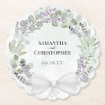 Dessous-de-verre En Papier Eucalyptus & Lavender Wreath Elegant Wedding<br><div class="desc">These beautiful paper coasters will add a special touch to your wedding reception, rehearsal dinner, or other parts of your special day. They feature a rustic hand painted watercolor wreath of eucalyptus leaves, lavender flowers, and greenery in shades of sage green and light purple on a marbled dusty blue background,...</div>