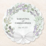 Dessous-de-verre En Papier Eucalyptus & Lavender Wreath Elegant Wedding<br><div class="desc">These beautiful paper coasters will add a special touch to your wedding reception, rehearsal dinner, or other parts of your special day. They feature a rustic hand painted watercolor wreath of eucalyptus leaves, lavender flowers, and greenery in shades of sage green and light purple on a marbled dusty blue background,...</div>