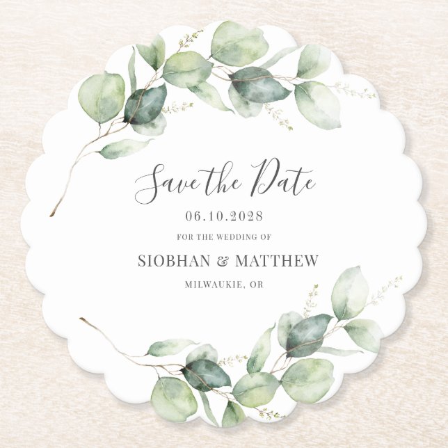 Dessous-de-verre En Papier Faire-part de mariage à la feuille d'eucalyptus (Devant)