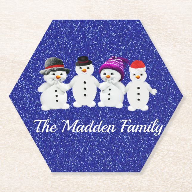 Dessous-de-verre En Papier Famille de quatre Snowmen Blue Sparkle Winter (Devant)