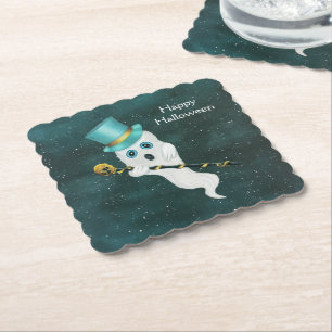 Dessous-de-verre En Papier Fantôme D'Halloween Avec Top Hat Gold Crâne Canne