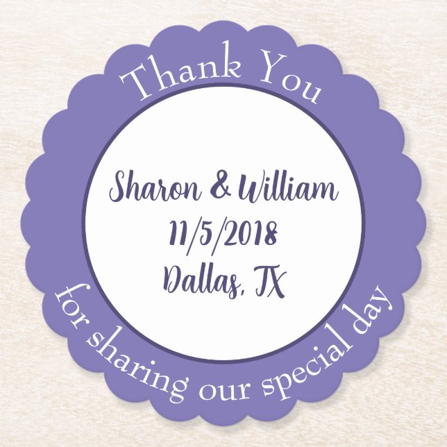 Dessous-de-verre En Papier Favoris de mariage de lavande (Devant)