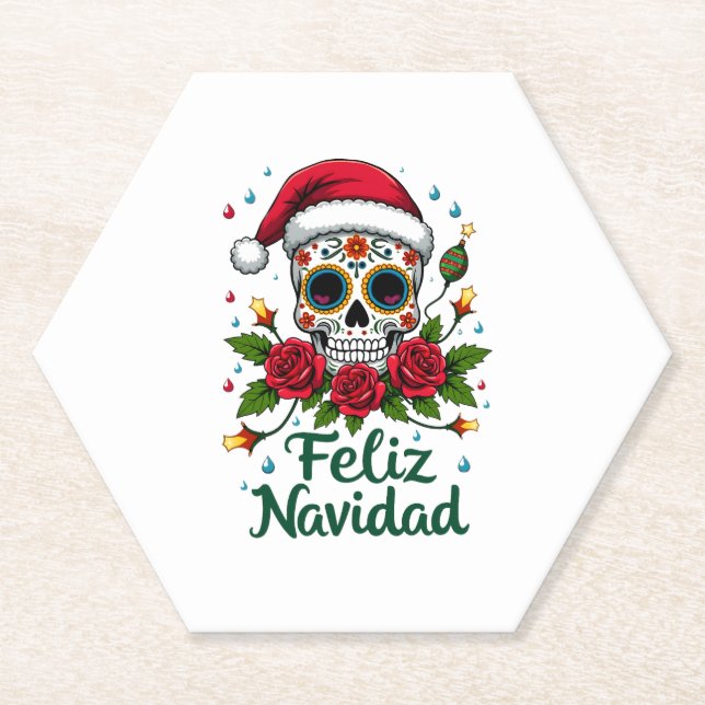 Dessous-de-verre En Papier Feliz Navidad Sugar Skull Mexican Christmas T-Shir (Devant)