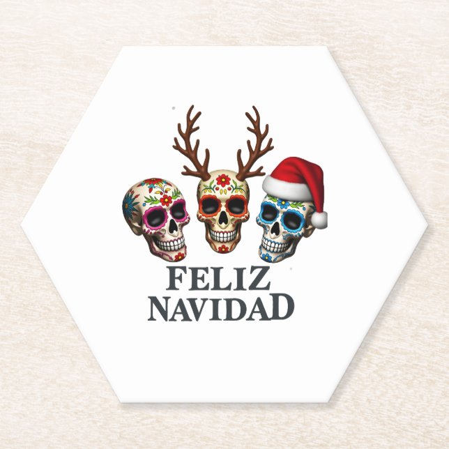 Dessous-de-verre En Papier Feliz Navidad Sugar Skulls Reindeer Santa Mexican  (Devant)