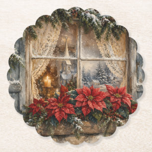 Dessous-de-verre En Papier Fenêtre de Noël au Poinsettia enneigé