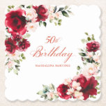 Dessous-de-verre En Papier Fête 50e Anniversaire Rouge rose Floral Custom<br><div class="desc">De jolies roses rouges et des pivoines roses rousses ornent ce dessous de verre de papier sur mesure de 50e anniversaire. Deux jolies compositions florales décorent deux coins. Une calligraphie élégante annonce le 50ème anniversaire, et le nom du célébrant d'anniversaire est ci-dessous. Cet article fait partie de la collection Red...</div>