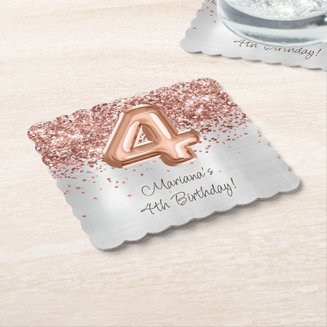 Dessous-de-verre En Papier Fête d'anniversaire 4 ans Rose Gold Argent (Incliné)