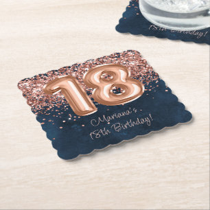 Dessous-de-verre En Papier Fête d'anniversaire de 18 ans Rose Gold Navy Blue
