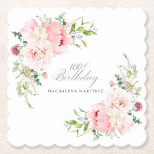 Dessous-de-verre En Papier Fête de 100e anniversaire personnalisée fleurs ros