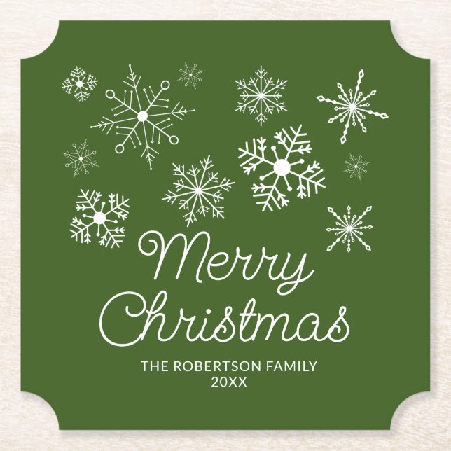 Dessous-de-verre En Papier Fête de Noël Green White Snowflakes (Devant)
