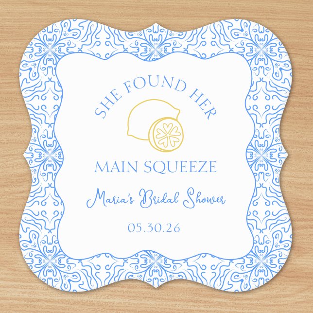Dessous-de-verre En Papier Fête des mariées principale de Squeeze Lemon & Blu (Stylish lemon-themed coasters for a 'She Found Her Main Squeeze' bridal shower, perfect for décor.)
