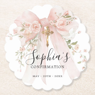 Dessous-de-verre En Papier Fille de confirmation Roses à ruban rose personnal