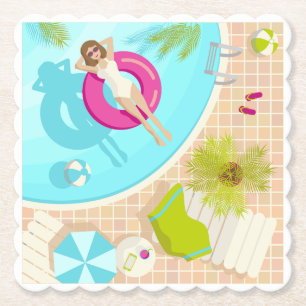 Dessous-de-verre En Papier Fille de piscine en bikini plage d'été