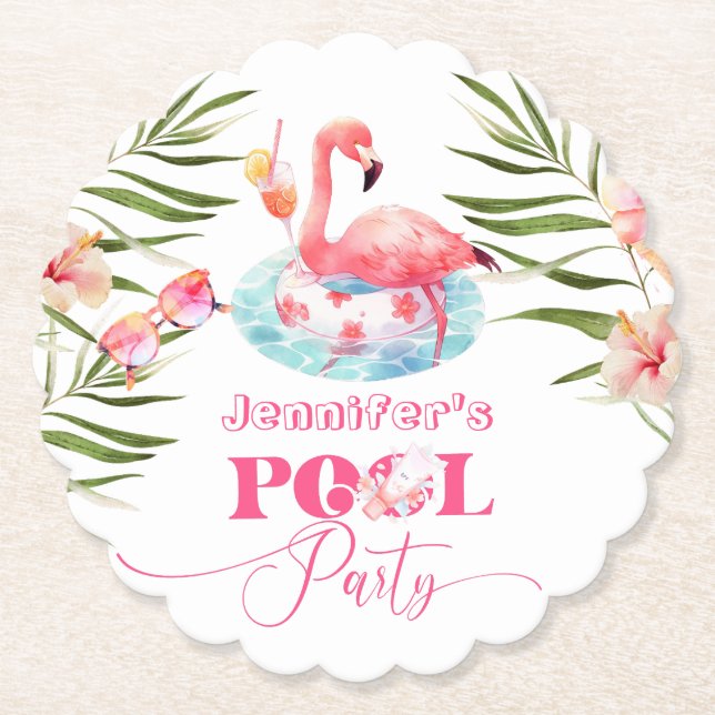 Dessous-de-verre En Papier Flamant rose piscine fête fille rose (Devant)