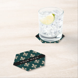 Dessous-de-verre En Papier Fleur de Lis, Beige sur Vert, Royal, Votre Nom