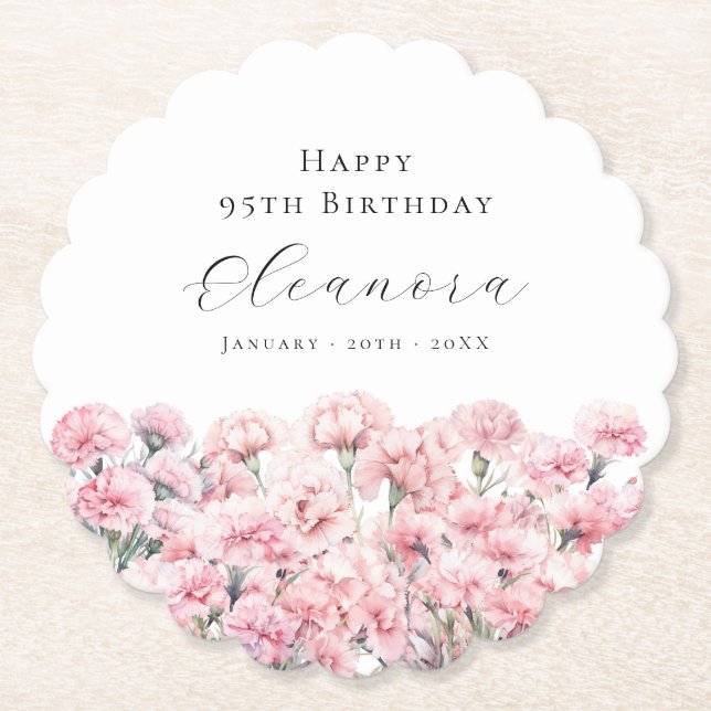 Dessous-de-verre En Papier Fleur de naissance Carnation rose pour 95e anniver (Devant)