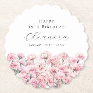 Dessous-de-verre En Papier Fleur de naissance d'oeillet rose pour 19e anniver