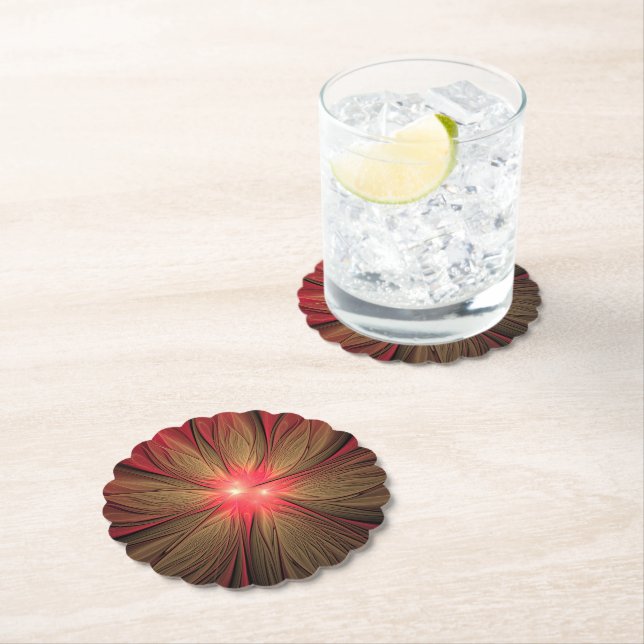 Dessous-de-verre En Papier Fleur fractale de fansy rouge (En situation)