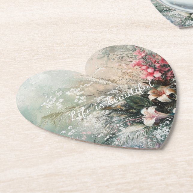 Dessous-de-verre En Papier Fleur tropicale rose et blanc (Incliné)