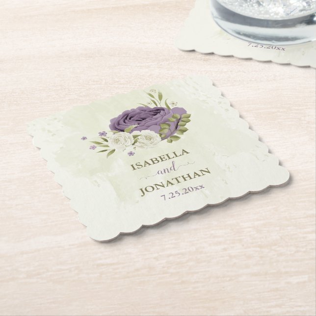 Dessous-de-verre En Papier fleurs blanches mauves verdure mariage (Incliné)