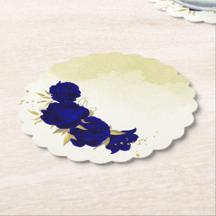 Dessous-de-verre En Papier Fleurs bleues royales feuilles dorées mariage