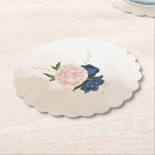 Dessous-de-verre En Papier fleurs blush marine feuilles vertes mariage