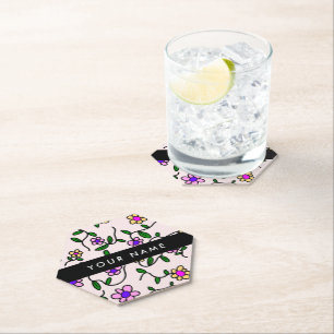 Dessous-de-verre En Papier Fleurs Colorées, Fond Rose, Noir