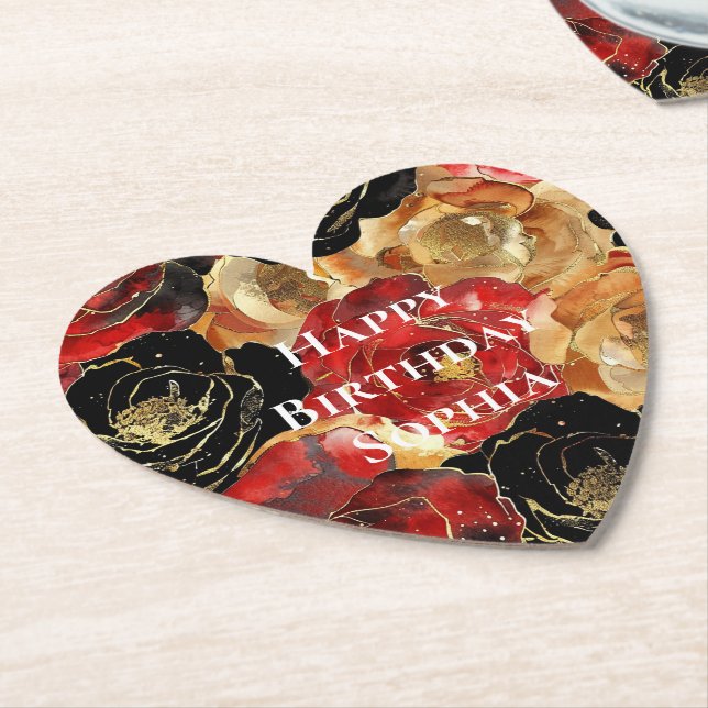 Dessous-de-verre En Papier Fleurs de glam rouge or Anniversaire (Incliné)