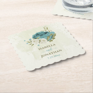 Dessous-de-verre En Papier fleurs de mariage en blanc et bleu avec verdure