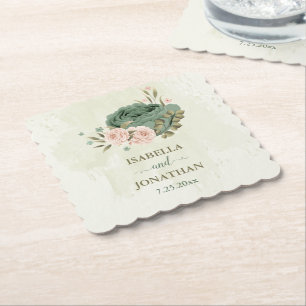 Dessous-de-verre En Papier fleurs de mariage vert sauge blush