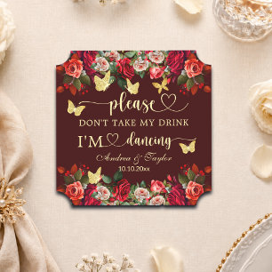 Dessous-de-verre En Papier Fleurs dorées Ne prenez pas ma boisson de mariage