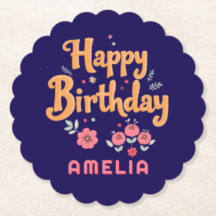 Dessous-de-verre En Papier Fleurs Florales Joyeux Anniversaire Handlettering
