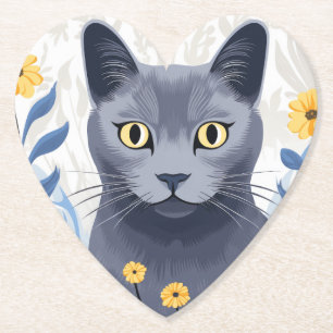 Dessous-de-verre En Papier Fleurs Jaunes Chat Bleu Russe
