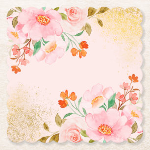 Dessous-de-verre En Papier Fleurs pastel élégantes et douces avec texture dor