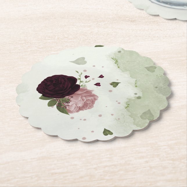 Dessous-de-verre En Papier fleurs rose et cabernet verdure (Incliné)