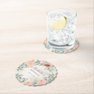 Dessous-de-verre En Papier Fleurs roses, feuillage vert et paillettes dorées